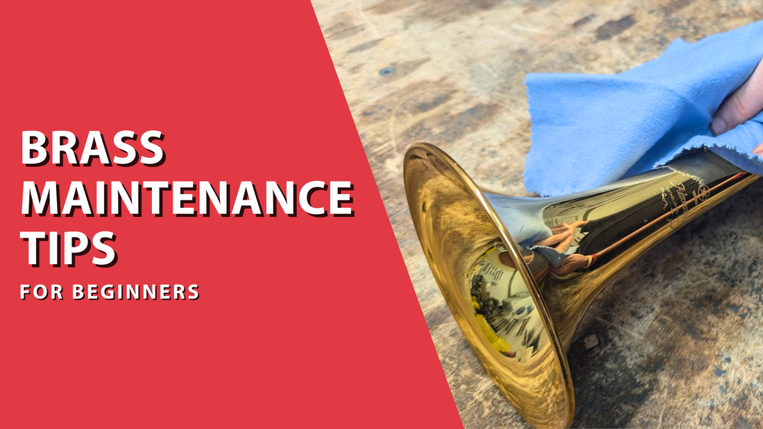 Image of a trumpet bell with text that says "Brass Maintenance Tips for Beginners"